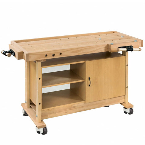 Wooden workbench with storage on wheels, featuring a sturdy build and convenient shelving for organization in workshops or garages.