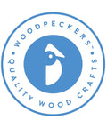 Blue circular logo with text 'Woodpeckers Quality Wood Crafts' around a stylized bird graphic.