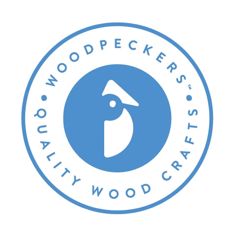 Blue circular logo with text 'Woodpeckers Quality Wood Crafts' around a stylized bird graphic.