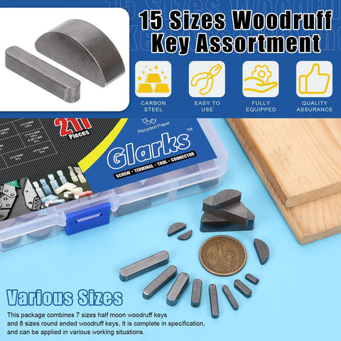 Woodruff Key And Feather Key Assortment Kit With Round Ended Keys 211 Pieces In 15 Sizes Stainless Steel Keystock Displayed