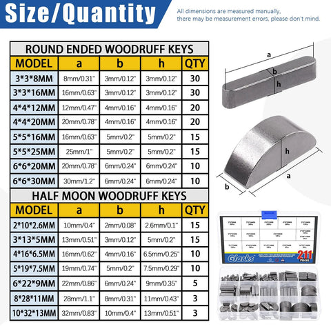 Size chart and set for Woodruff Key And Feather Key Assortment Kit With Round Ended Keys 211 Pieces In 15 Sizes Stainless Steel Keystock.