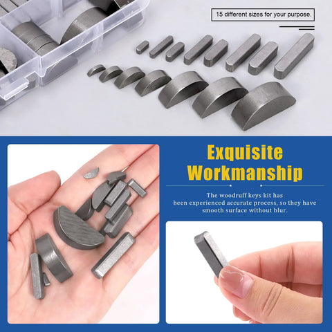 Woodruff Key And Feather Key Assortment Kit With Round Ended Keys 211 Pieces in 15 Sizes Stainless Steel Keystock close-up view