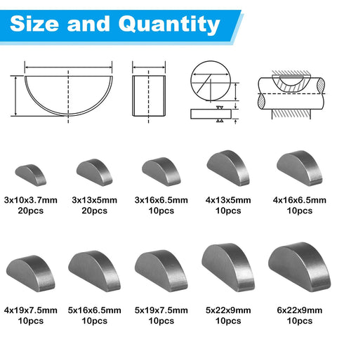 Diagram and sizes of 120 Piece Woodruff Key Set With 10 Popular Half Moon Sizes For Metric Keyway And Key Stock Yinpecly Woodruff Semicircle Keys.