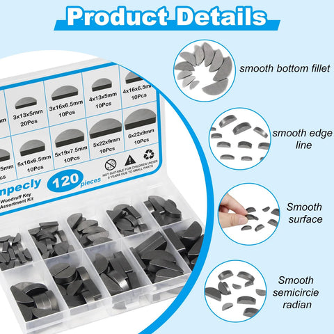 120 Piece Woodruff Key Set With 10 Popular Half Moon Sizes For Metric Keyway And Key Stock in organized case, showing semicircle keys