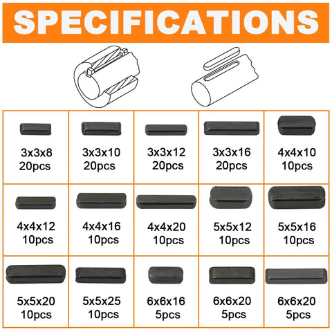 Woodruff Key Stock Set HaSaoMoi 175 Piece Stainless Steel Round Ended Feather Keys Kit Specifications Chart with Sizes and Quantities