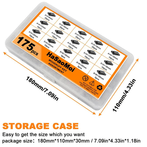 Storage case of Woodruff Key Stock Set HaSaoMoi 175 Piece Stainless Steel Round Ended Feather Keys Kit with 15 sizes displayed on lid.