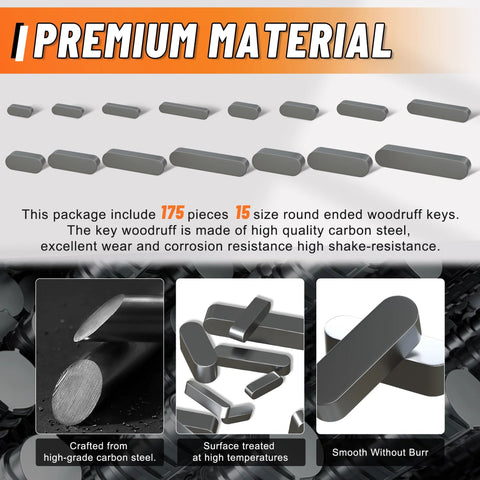 Jeu de clavettes Woodruff 175 Piece Stainless Steel Assortiment de stock principal en 15 tailles 8mm À 30mm pour arbres de transmission parallèles.