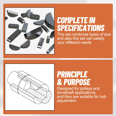Jeu de clavettes Woodruff 175 Piece Stainless Steel Assortiment de stock principal en 15 tailles 8mm À 30mm illustration et spécifications