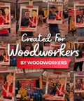 Collage of woodworkers holding frames with woodworking phrases and tools displayed at a trade event.