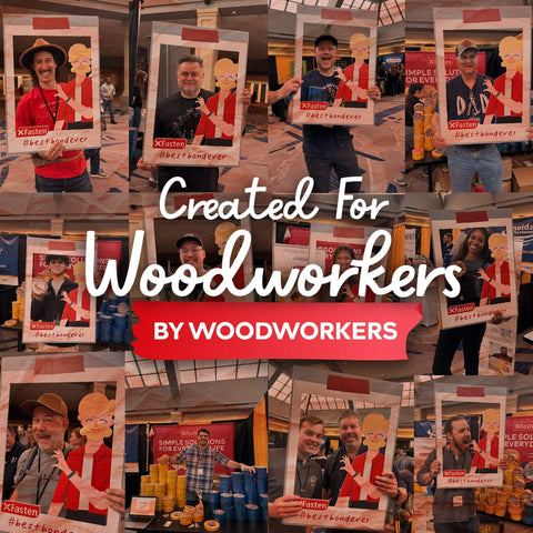 Collage of woodworkers holding frames with woodworking phrases and tools displayed at a trade event.