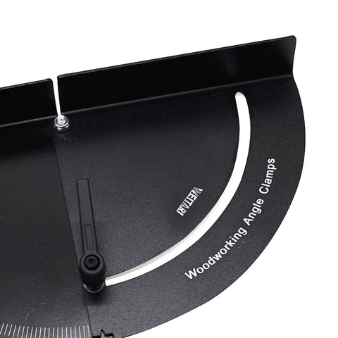 Close-up of adjustable 90-180° woodworking angle clamps made from aluminum alloy, ideal for carpentry and cabinet installations by Weitari.