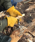 Person using Craft Handle for 6.35mm and 10mm Hex Shafts with Brass Chuck and Rubber Wood Body on log outdoors