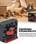 Image of Eight Hole Dowel Maker Jig Kit For Woodworking With Aluminum Alloy Construction Built For Durability Quick Drill Guide For Round Rods And Wooden Sticks Milling Inserts For Imperial Size Great For DIY And Pros, showcasing the jig's metallic finish and circular hole design against a woodworking backdrop with tools.