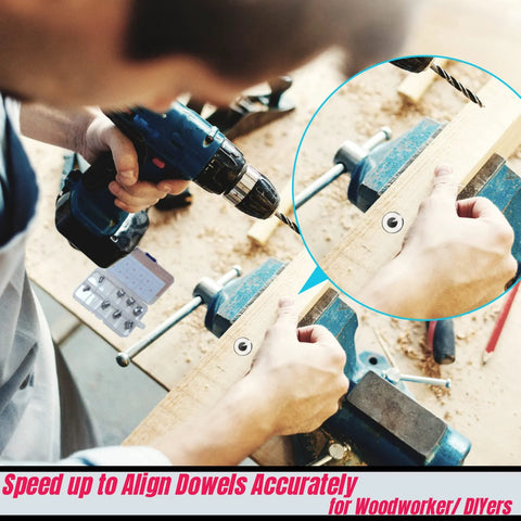 Using Ten Piece Stainless Steel Dowel Pin Center Tool Set For Woodworking for accurate hole alignment with drill in action