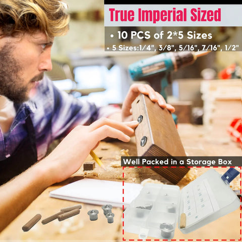 Ten Piece Stainless Steel Dowel Pin Center Tool Set For Woodworking With Sharp Points, Precise Hole Transfer Plugs, Easy Removal