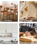Collage of furniture assembly, shelving, cabinets, and woodcrafts illustrating woodworking uses for dowels