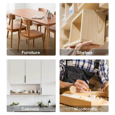 Collage of furniture assembly, shelving, cabinets, and woodcrafts illustrating woodworking uses for dowels