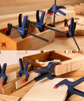 Eight Piece Clamp Set For Woodworking With Four 4-1/2 Inch Mini Bar Clamps, Two 6-1/2 Inch Spring Clamps, And Two 4-1/2 Inch Spring Clamps, Bang For Your Buck Light Duty Quick Change Clamp Spreader With 50 Lbs Load Limit, shown on woodworking project.