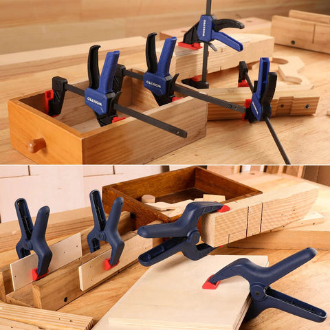Eight Piece Clamp Set For Woodworking With Four 4-1/2 Inch Mini Bar Clamps, Two 6-1/2 Inch Spring Clamps, And Two 4-1/2 Inch Spring Clamps, Bang For Your Buck Light Duty Quick Change Clamp Spreader With 50 Lbs Load Limit, shown on woodworking project.