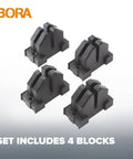 4 black blocks showing Parallel Clamp Block Set For Woodworking 4 Pack With Dual Channel Design For Quick Easy Frame And Door Clamping