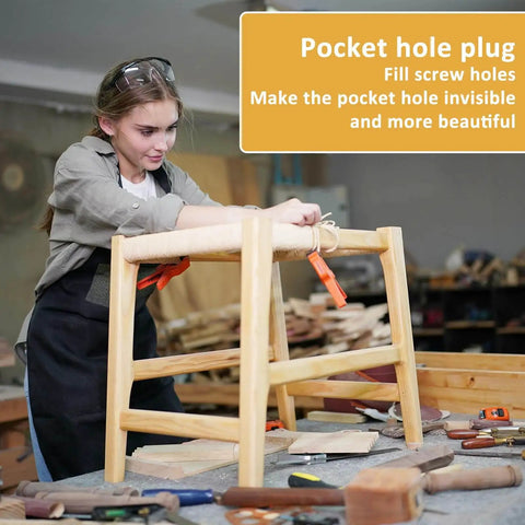 Person working on wooden chair using 100 Pack Pine Wood Pocket Hole Plugs Three Eighths Inch For Pocket Hole Jig And Woodworking Projects.
