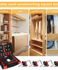 90 Degree Corner Clamp For Woodworking Aluminum Alloy Right Angle Positioning Squares Four Pack 5.5 Inches Red Anodized shown with bookshelves, tables, storage racks, and drawers