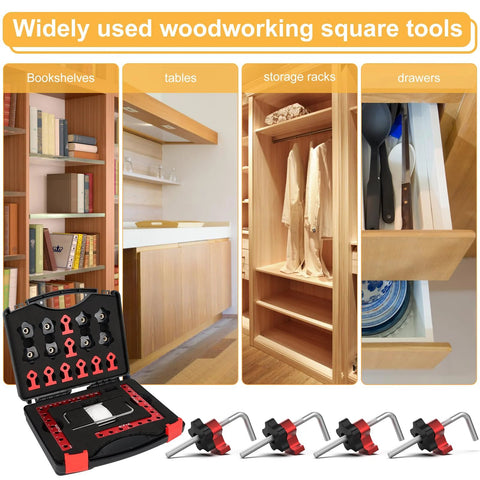 90 Degree Corner Clamp For Woodworking Aluminum Alloy Right Angle Positioning Squares Four Pack 5.5 Inches Red Anodized shown with bookshelves, tables, storage racks, and drawers