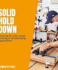 Woodworker using T Track Hold Down Clamp Two Pack For Woodworking Five And One Half Inch By One And One Eighth Inch Clamps With T Bolts.