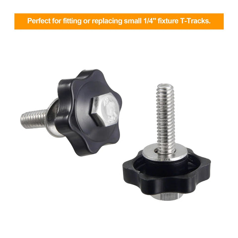 Close-up of 30 Pcs 1/4-20 Star Knobs for T Track Hex Star Thread Nut Set showing black plastic body and brass insert