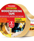 Pro Grade Heavy Duty Double Sided Woodworking Tape 3 Pack 1 Inch By 120 Feet Super Strong Adhesion For Router Templates And CNC Machines Removable And Residue Free Heat Moisture Resistant Great For Woodworking Projects, showing packaging and tape roll.