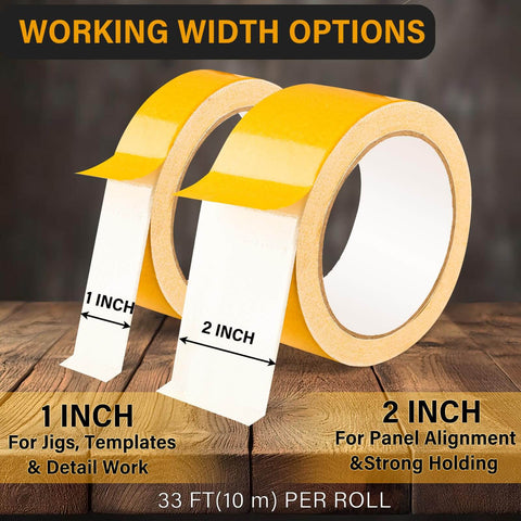 Double Sided Woodworking Tape For Wood Projects, 1 And 2 Inch By 33 Feet, 2 Rolls, No Residue displayed on wooden surface