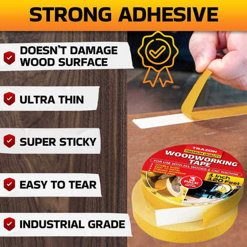 Image of Pro Grade Heavy Duty Double Sided Woodworking Tape 3 Pack 1 Inch By 120 Feet Super Strong Adhesion being applied on wood surface.