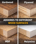 Pro-Grade Double-Sided Woodworking Tape With Removable Adhesive For Holding Wood Templates, shown on hardwood, plywood, MDF, melamine surfaces.
