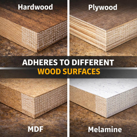 Pro-Grade Double-Sided Woodworking Tape With Removable Adhesive For Holding Wood Templates, shown on hardwood, plywood, MDF, melamine surfaces.