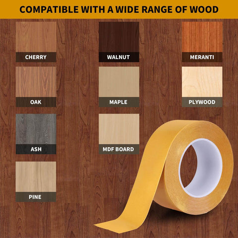 Double Sided Woodworking Tape 1 Inch By 88 Feet Heavy Duty Adhesive with wood samples including cherry, walnut, and plywood