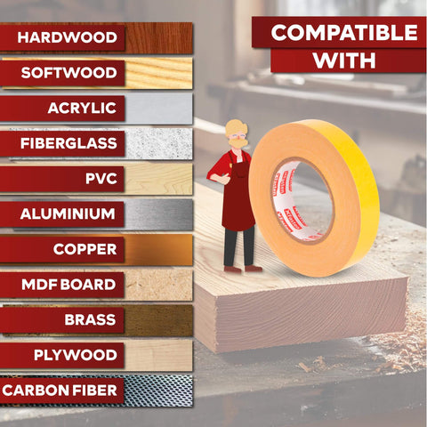 Double Sided Woodworking Tape 1 Inch Wide, 324 Feet Three Pack, Heavy Duty No Residue Glue Tape for Router Templates displayed on wood