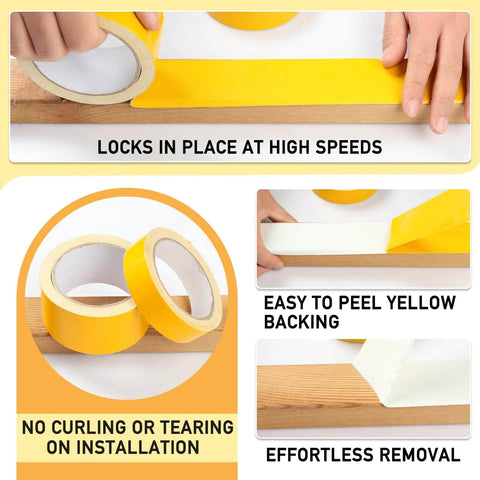 Double Sided Woodworking Tape For Wood Projects, 1 And 2 Inch By 33 Feet, 2 Rolls, No Residue, shown in use on wood surface.