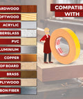 Double Sided Woodworking Tape 1 Inch By 180 Feet, 3 Pack with compatibility list including hardwood and softwood in workshop