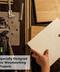 Person using heavy duty double sided woodworking tape for router templates and CNC projects, holding a wood board, tools visible.