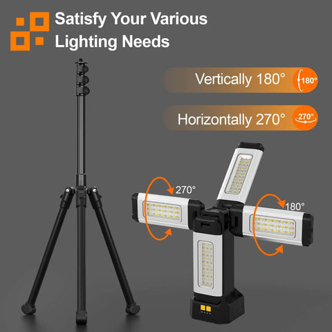 13200mAh Aluminum Work Light With Folding Stand IPX4 Waterproof 8000 Lumen Stepless Dimming And 3 Lighting Modes White Warm Nature White Includes Carry Bag For Job Sites And DIY On The Go, showing adjustable tripod and LED heads.