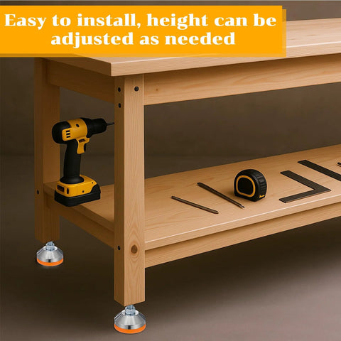 Tough As Nails M12 Thread Leveling Feet With 2.28 In Diameter Base Adjustable Swivel Levelers installed on wooden workbench