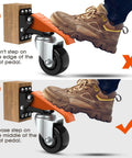 Correct and incorrect foot placement on Workbench Casters Wheels Kit 920 Lbs Capacity Retractable Casters, showing stepdown technique.