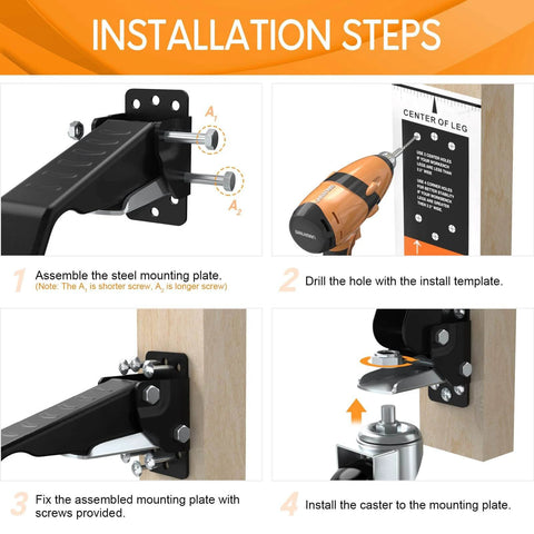Installation steps for ✝️ Workbench Casters Wheels 660Lbs Retractable, featuring assembly, drilling, mounting, and caster installation.