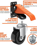 Workbench Casters Wheels Kit 920 Lbs Capacity Retractable Casters Set of 4 Heavy Duty Side Mount 3" Lifting Caster with orange pedal and urethane wheel
