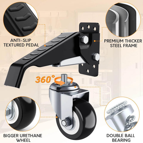 Detailed view of a workbench caster wheel assembly highlighting anti-slip pedal, urethane wheel, and steel frame. Designed for smooth mobility.