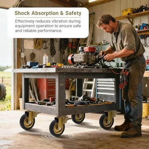 Man working on equipment in a workshop with 6 Inch Outdoor Heavy Duty Caster Wheels Set of 4 with Brake on workbench