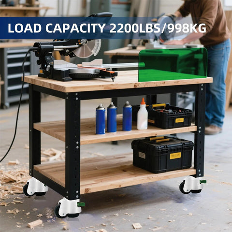 Workbench with Four Pack Leveling Casters With Ratchet Handle, Heavy Duty Adjustable Wheel Sets, 2200 lbs capacity installed