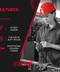 Worker wearing red hard hat assembling product, featuring soft wood threaded inserts 3/8-16 internal threads hex flange zinc 25mm long pack of 25 for pine plywood MDF furniture.
