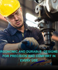Worker wearing yellow hard hat and safety glasses operating metalwork machinery in industrial setting