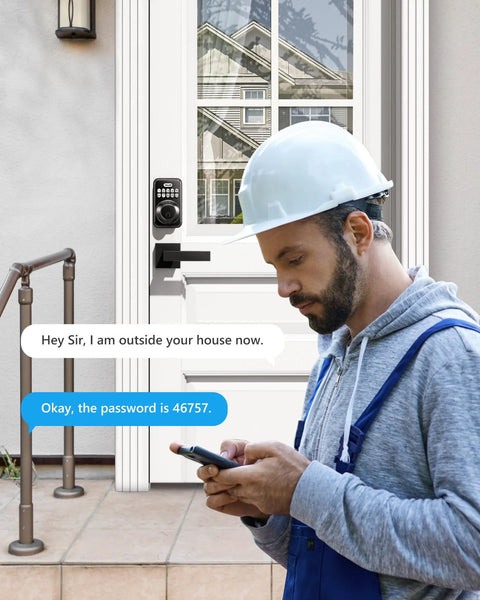 Keyless entry door lock with two lever handles on house door, worker using phone for secure access, ANSI Grade 3 security visible.